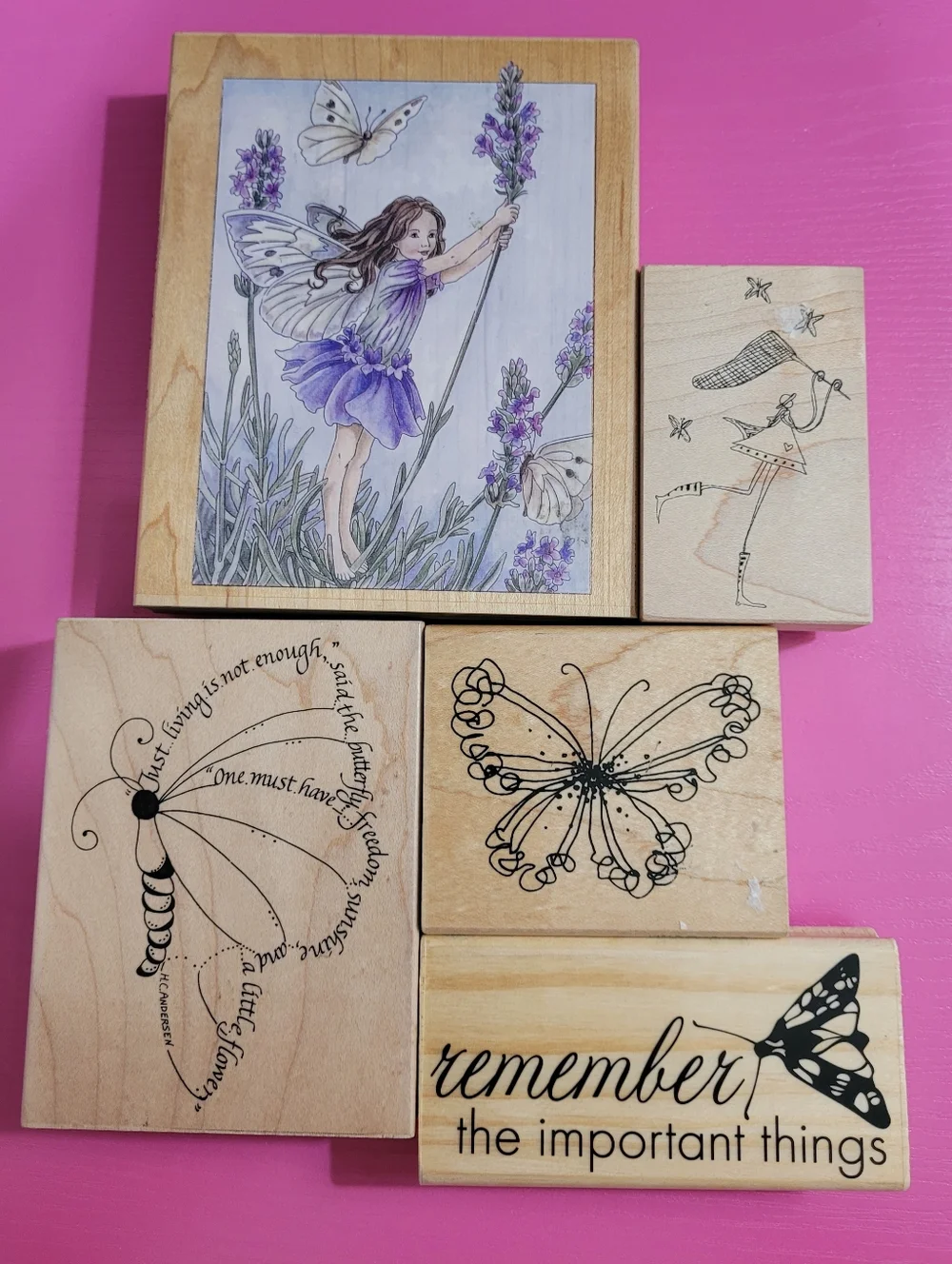 Wooden Rubber Stamp Butterfly & Fairy Themed Stamp Bundle.  Set Of 5. (0725)